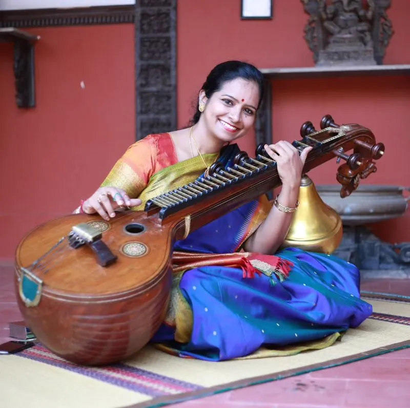 Dr. Jayanthi Kumaresh performing on the Saraswathi Veena at an international Indian classical music festival.